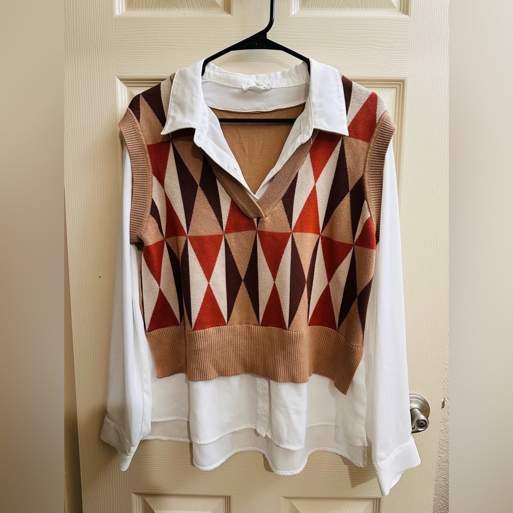 Stylish V-Neck Geometric Sweater Vest - Brown, Tan, Red